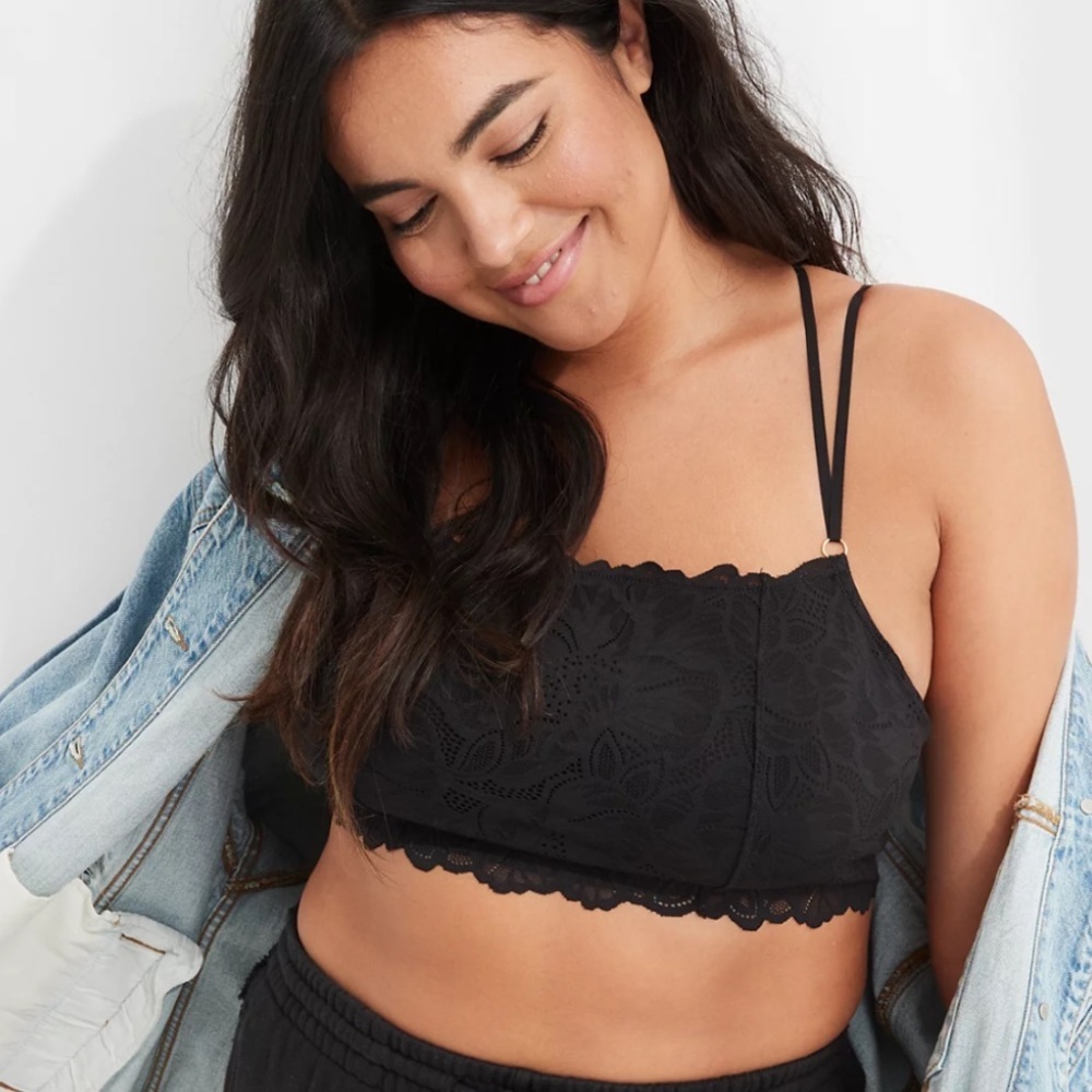 Aerie Holiday Best Lace Longline Bralette black peasant cami bra size XS